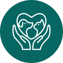 White outline of two hands forming a heart shape around the faces of a dog and a cat, set against a teal circular background.